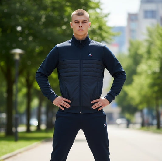Veste hybride marine Le Coq Sportif bleu vue de profil